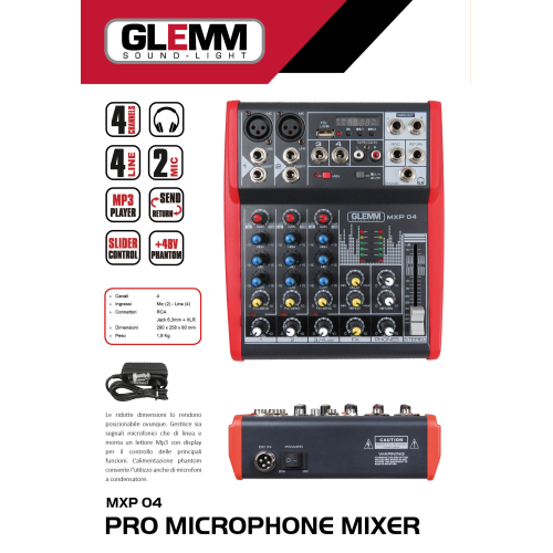 Table de mixage GLEMM MXP04 4 cannaux EQ 3 bandes et lecteur USB
